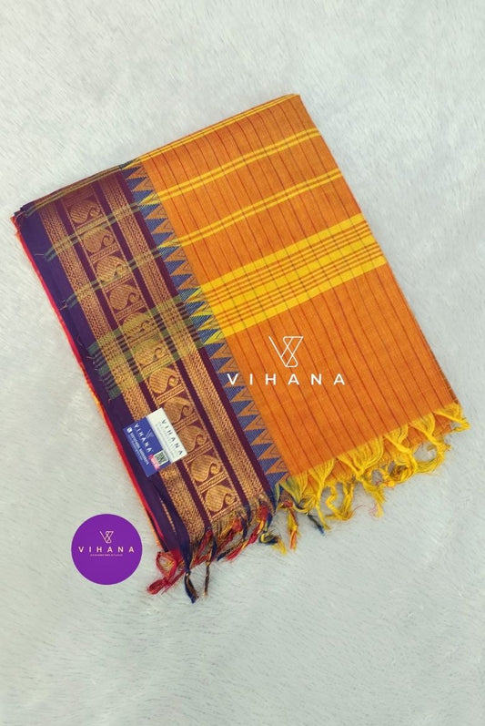 Pure Chettinadu Cotton Yellow Orange Checkered Saree with Ganga Jamuna Borders