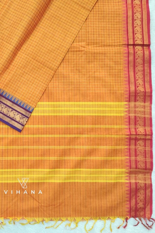 Pure Chettinadu Cotton Yellow Orange Checkered Saree with Ganga Jamuna Borders