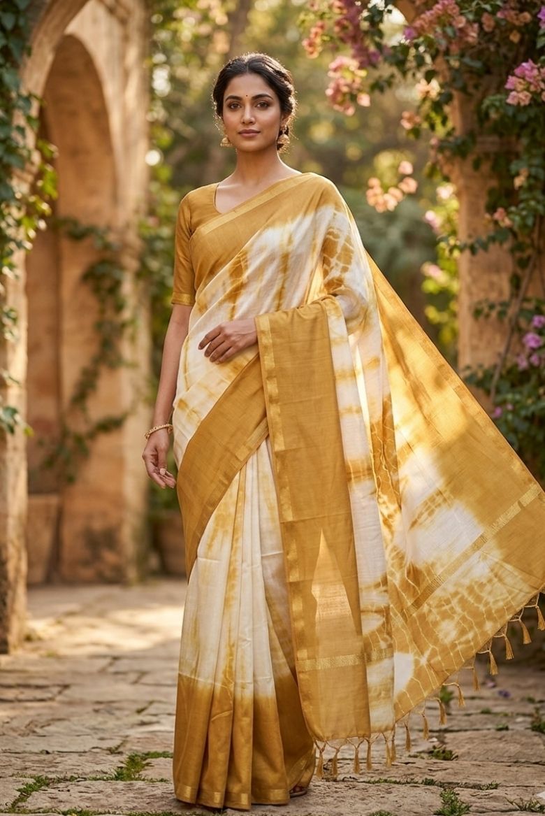 Khatan Silk Tie and Dye White Mustard Yellow Saree