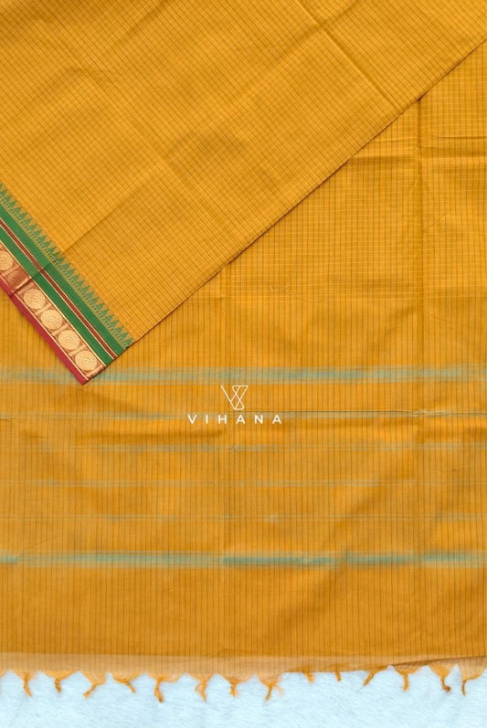 Pure Chettinadu Cotton Mango Yellow Check Zari Border Saree