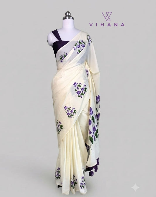 Kerala Saree Violet Color Lotus Print-VS365