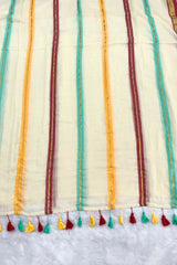 Elegant Cream Pure 120 count Mul Cotton Saree with Vibrant Borders and Hand-knotted Tassels.