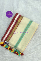 Elegant Cream Pure 120 count Mul Cotton Saree with Vibrant Borders and Hand-knotted Tassels.