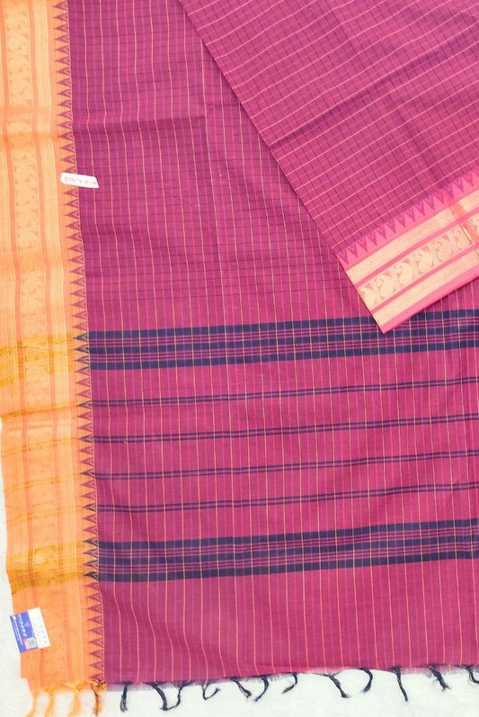 Pure Chettinadu Magenta Checkered Cotton Saree with Ganga Jamuna Border