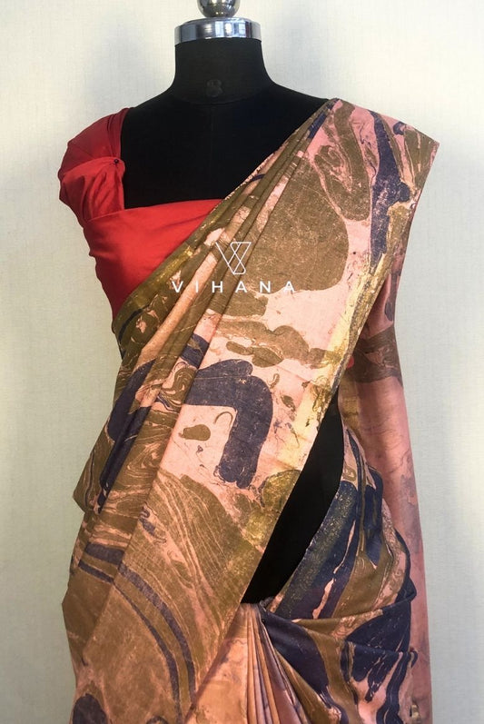 Khatan Semi Silk Marble Print Red Navy Blue Saree