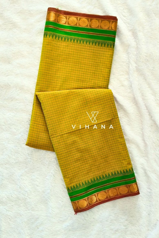 Pure Chettinad Cotton Mustard Green Check Zari Border Saree