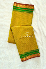 Pure Chettinad Cotton Mustard Green Check Zari Border Saree
