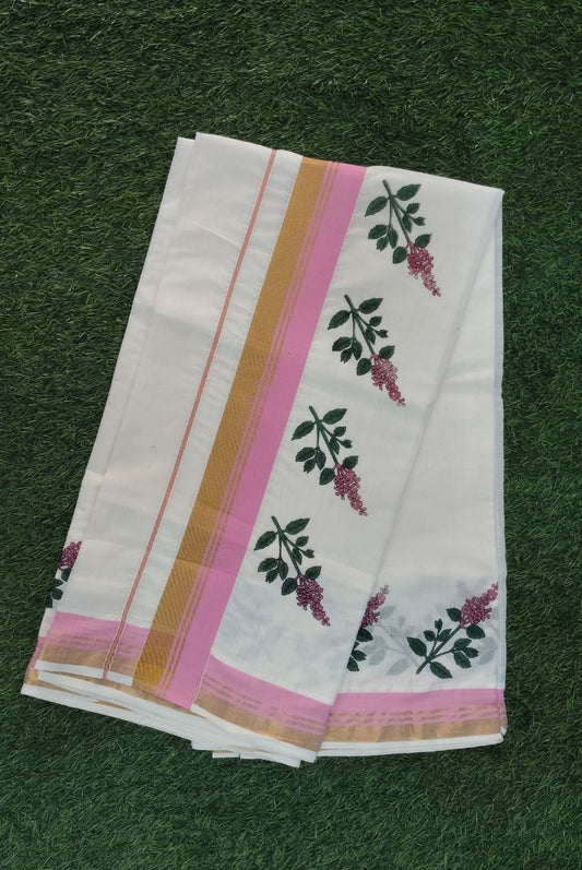Tulsi Kathir Motif Hand-Printed Cotton Set Saree
