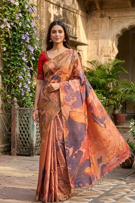 Khatan Semi Silk Marble Print Red Navy Blue Saree