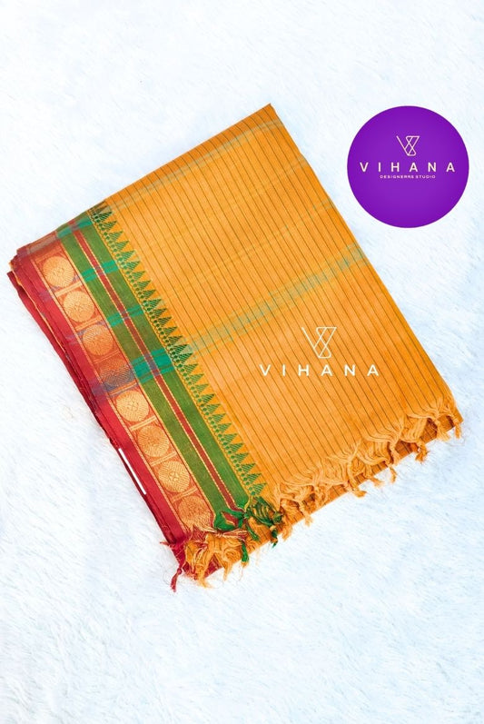 Pure Chettinadu Cotton Mango Yellow Check Zari Border Saree