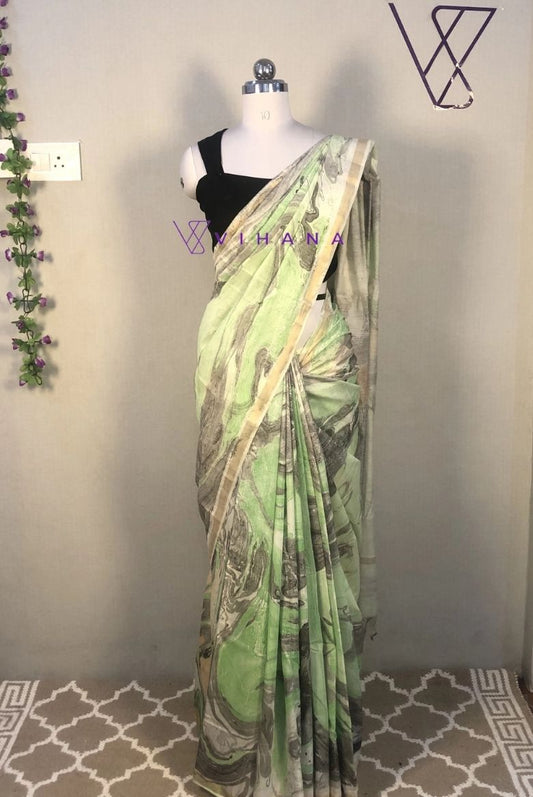 Khatan Semi Silk Marble Print Green and Black Saree
