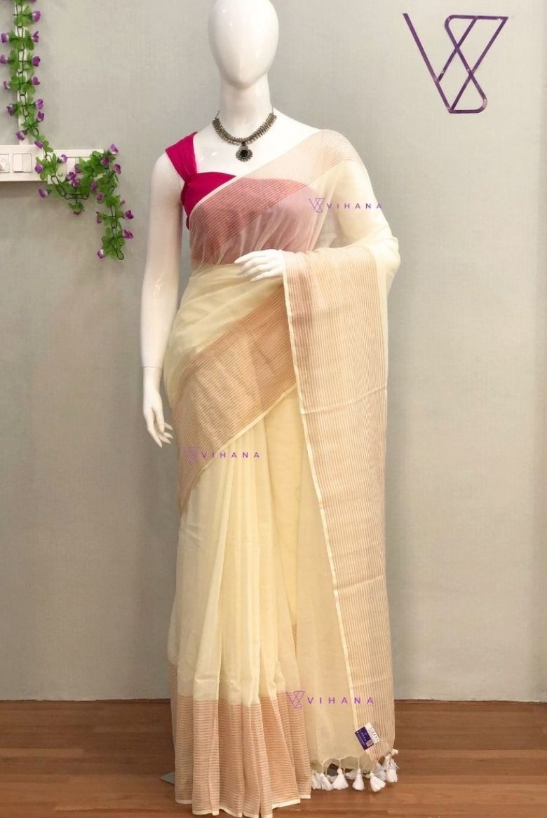 Cream Mul cotton Saree with Copper zari Stripes Border Design