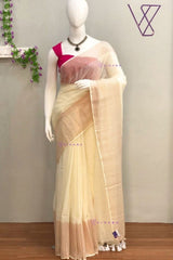 Cream Mul cotton Saree with Copper zari Stripes Border Design