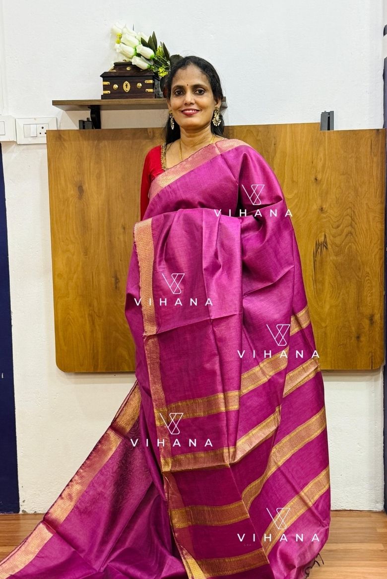 Dark Magenta Maheshwari Semi Tussar Silk Saree