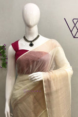 Cream Mul cotton Saree with Copper zari Stripes Border Design