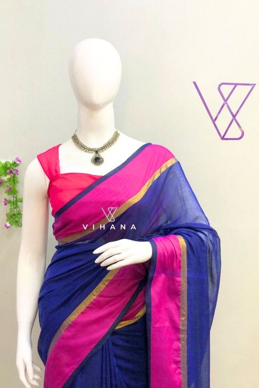Elegant Blue Mul Cotton Saree with Pink and Golden Zari Borders