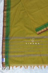 Pure Chettinad Cotton Mustard Green Check Zari Border Saree