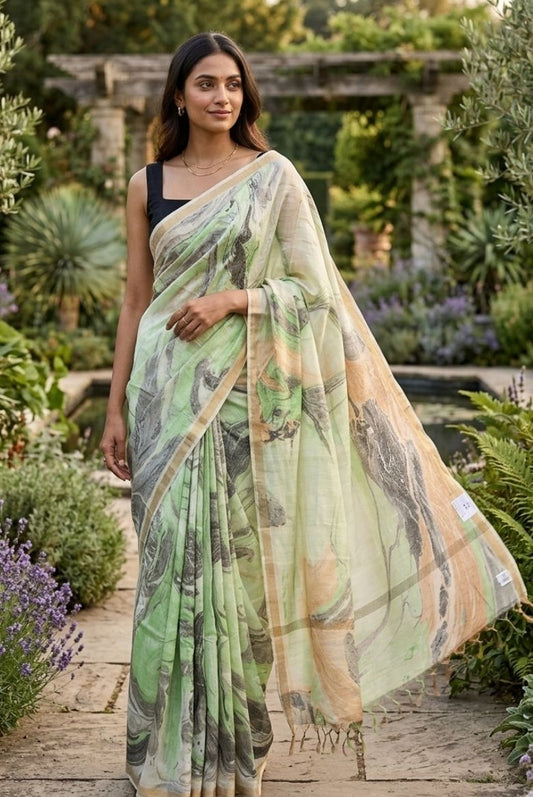 Khatan Semi Silk Marble Print Green and Black Saree