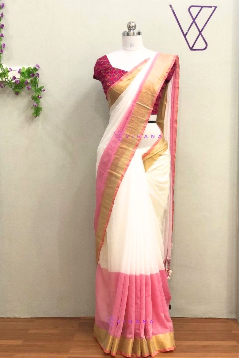 Off White And Pink Mul Cotton Saree