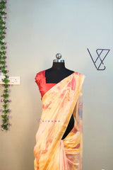 Khatan Semi Silk Marble print Yellow and Red Saree