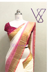 Off White And Pink Mul Cotton Saree