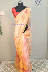 Khatan Semi Silk Marble print Yellow and Red Saree