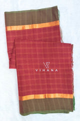 Maroon Village Cotton Saree with Check Pattern