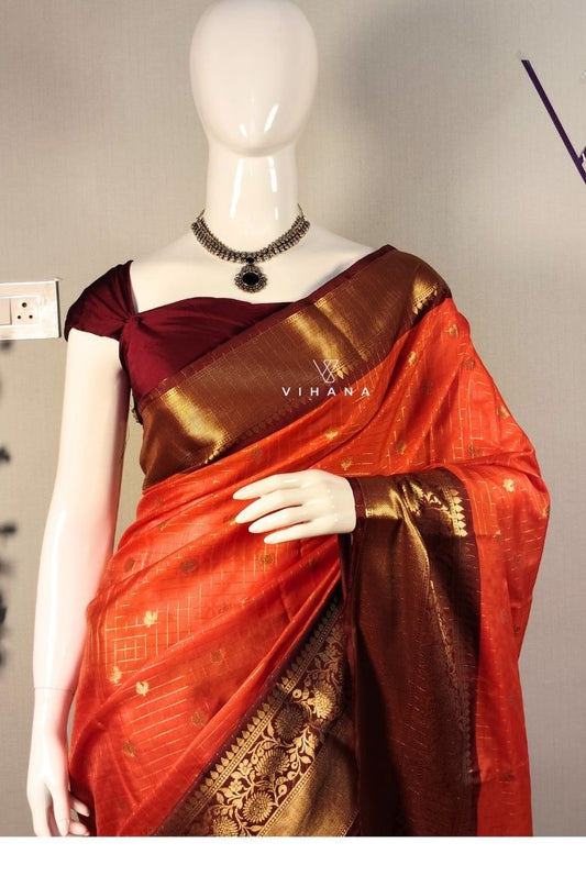 Orange Banarasi Khatan Silk Saree