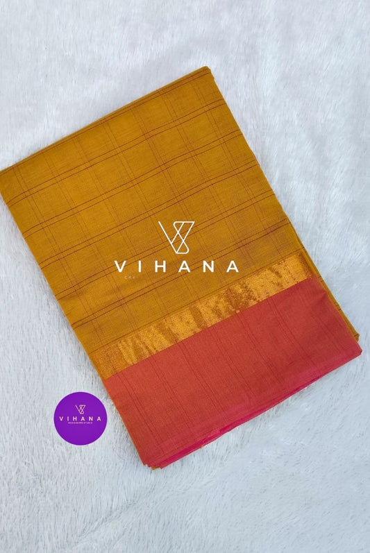 Yellow Village Cotton Saree with Check Pattern