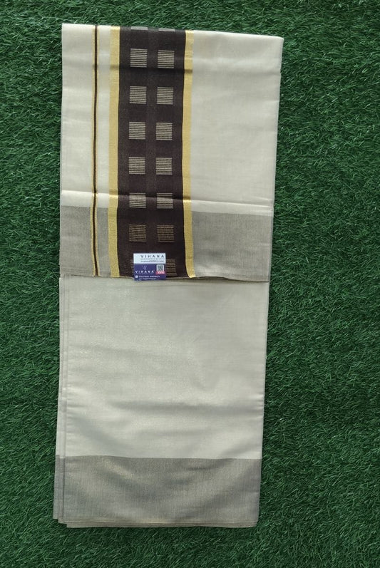 Kerala Golden Tissue Set Saree with Chocolate Brown Border