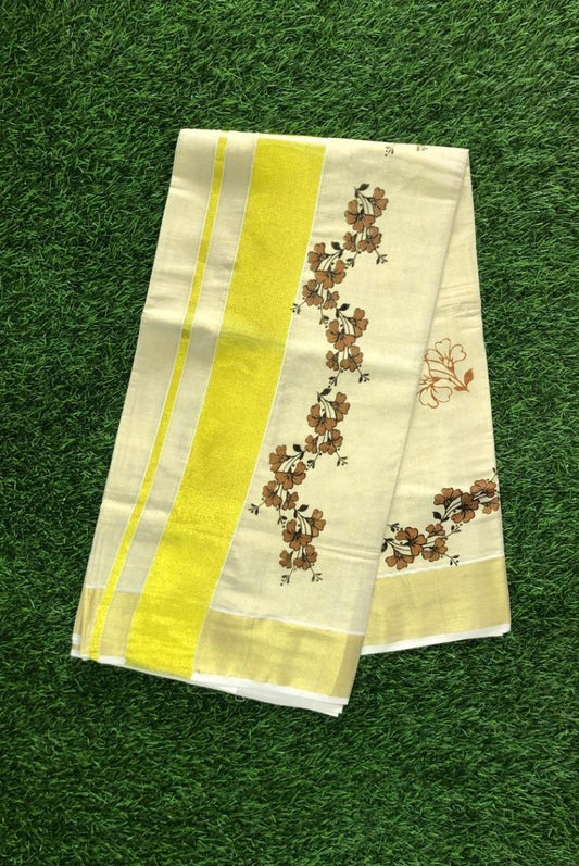 Golden Tissue Set Saree With Brown Floral Print-VS077