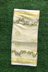 Golden Tissue Set Saree With Green Floral Print