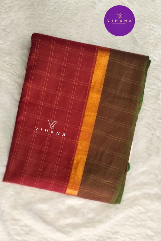 Maroon Village Cotton Saree with Check Pattern