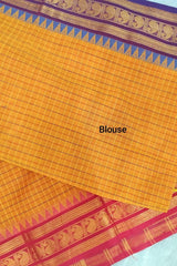 Pure Chettinadu Cotton Yellow Orange Checkered Saree with Ganga Jamuna Borders