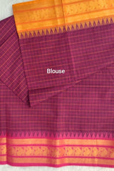 Pure Chettinadu Magenta Checkered Cotton Saree with Ganga Jamuna Border