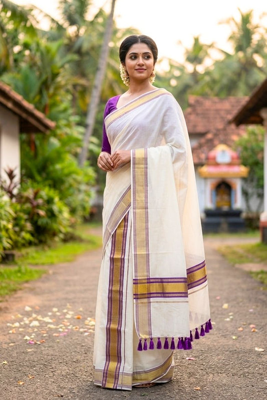 Kerala Cotton Set Mundu with Purple Border