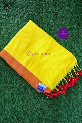 Bright Yellow Khadi Cotton Saree with Rust Orange Border