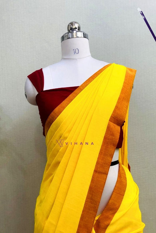 Bright Yellow Khadi Cotton Saree with Rust Orange Border