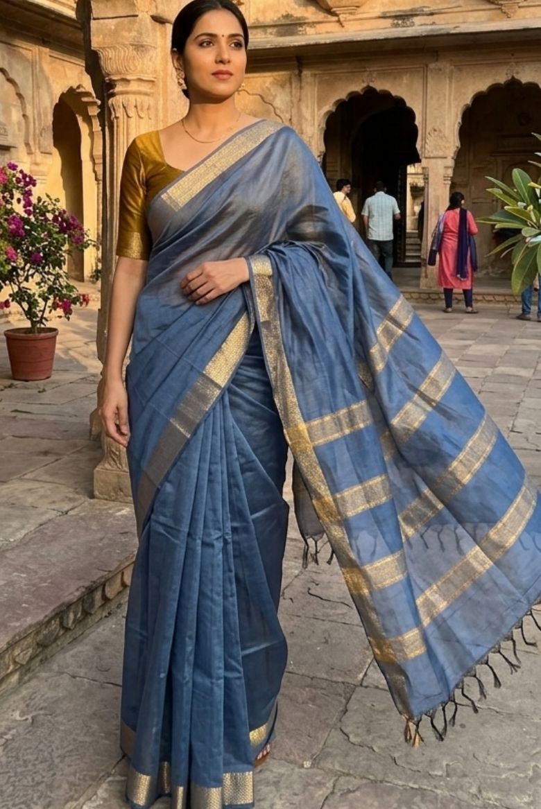 Dusty Blue Maheswari Katan Silk Saree