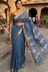 Dusty Blue Maheswari Katan Silk Saree