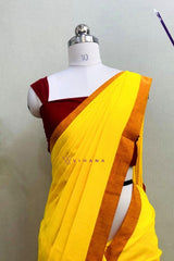 Bright Yellow Khadi Cotton Saree with Rust Orange Border