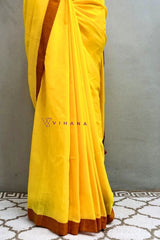 Bright Yellow Khadi Cotton Saree with Rust Orange Border