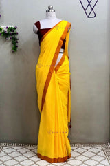 Bright Yellow Khadi Cotton Saree with Rust Orange Border