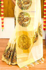 Kerala Cotton Set Saree with Lord Krishna Mural Print