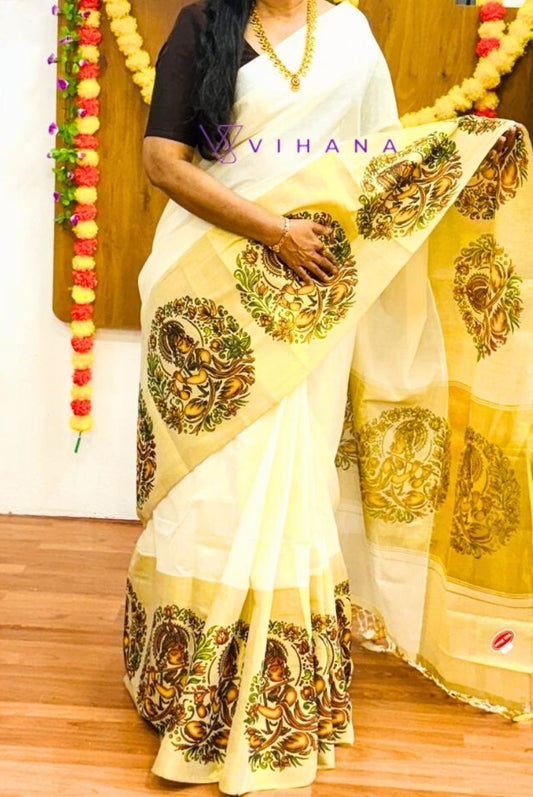 Kerala Cotton Set Saree with Lord Krishna Mural Print