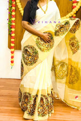 Kerala Cotton Set Saree with Lord Krishna Mural Print