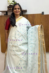Icy Blue Kota Doriya Organza Silk Saree with Floral Embroidery