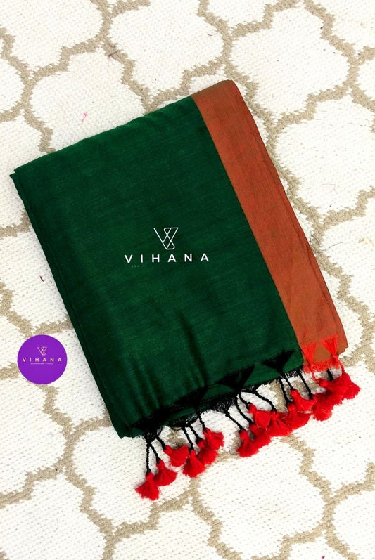 Bottle Green Khadi Cotton Saree with Red Orange Border