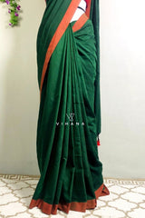 Bottle Green Khadi Cotton Saree with Red Orange Border