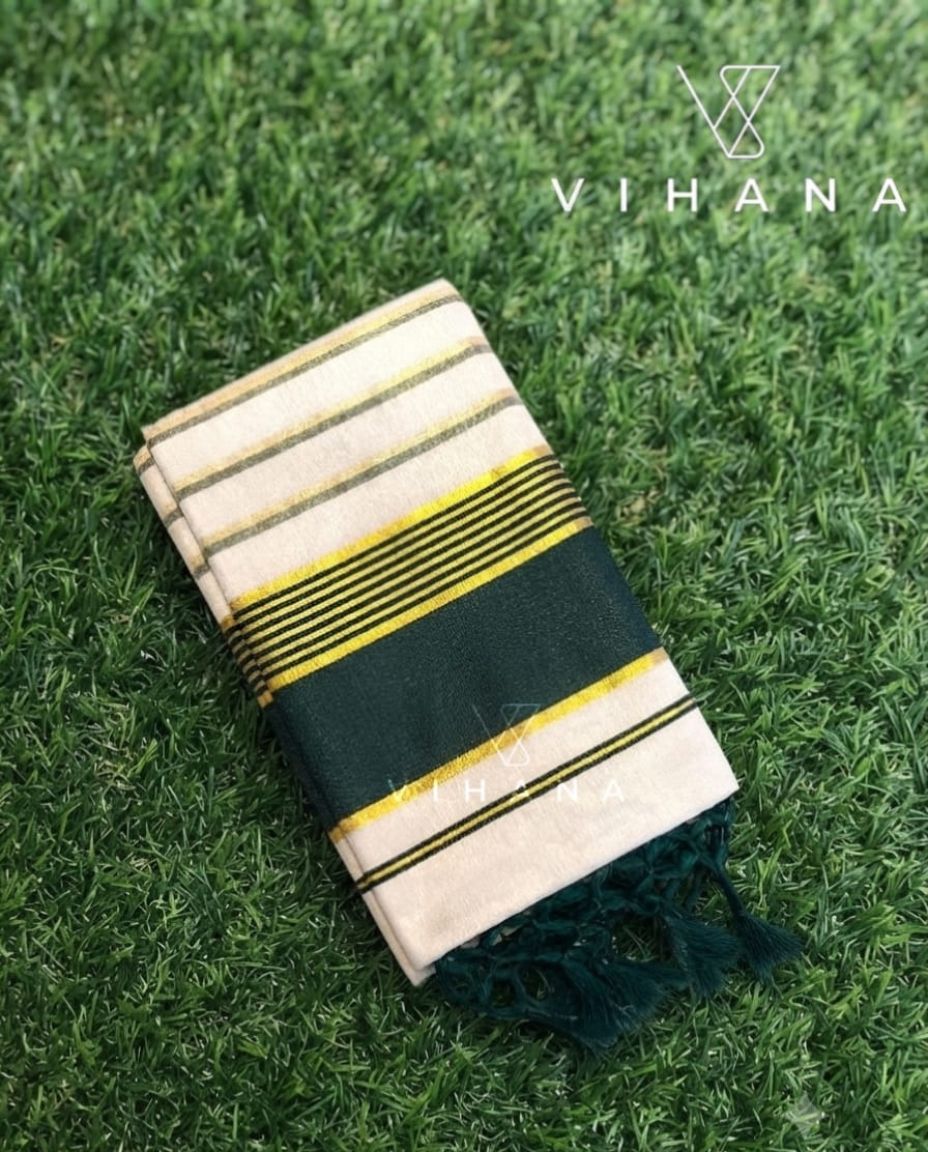 Green & Golden Kasavu Border Kerala Tissue Set Saree with Blouse-VS368